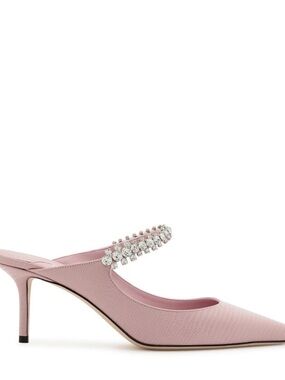 Pink Embellished Crystal-Strap Pointed Mule Heels